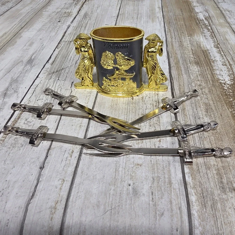 Vietnam Souvenir Appetizer Fork Set 6 Piece Metal Conical Hat Ao Dai Gold Silver